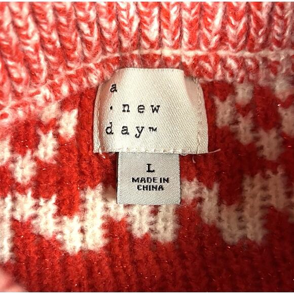 Holiday Après Ski Sweater Womens L New Day Red Cream Sparkle Fair Isle Chunky - Picture 5 of 10